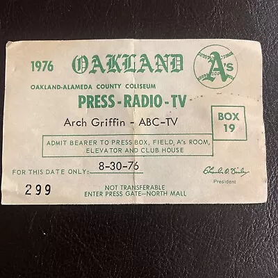 1976 Oakland A's Athletics Working News Media Pass  Arch Griffin ABC TV • $49.95