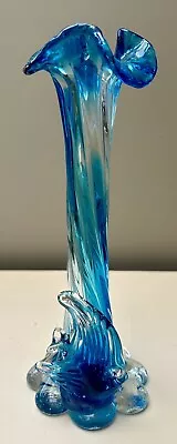 Vintage Blue & Clear Ruffled Glass Vase With Fish Base • $60