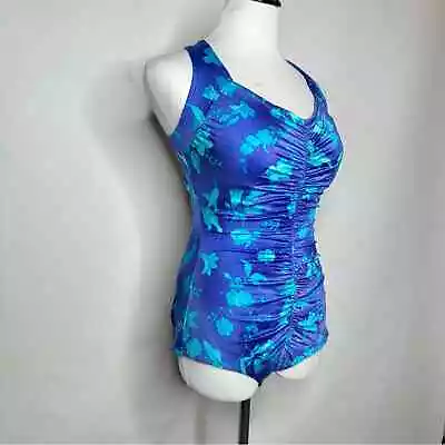 Vintage 90s Maxine Of Hollywood Blue Tropical Print One Piece Swimsuit SMALL • $37.88