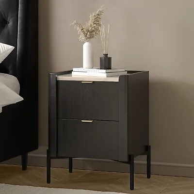 Wide Black Marble Top 2-Drawer Bedside Table - Gio GII001 • £195.92