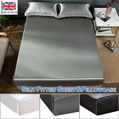 Extra Deep 30cm Silk Full Fitted Bed Sheet & Pillow Case Single Double King Size • £19.39
