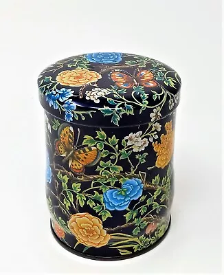 Vintage Curvy & Dramatic Floral Butterfly Botanical Black Daher Tin 4 3/4  • $14.99