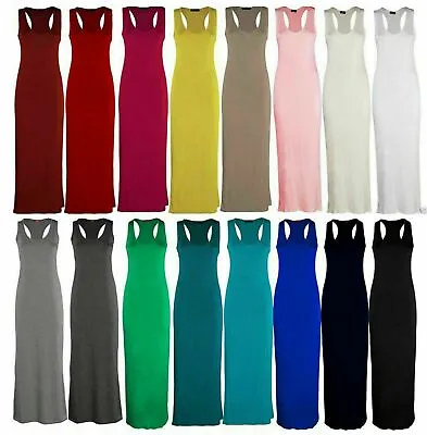 Ladies Womens Long Maxi Dress Ladies Stretch Jersey Plain Racer Muscle Back Vest • £12.89