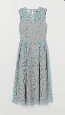 H&M Trend Mint Green Calf Length Midi Lace Party Dress Size 14 BN Rrp £59.99 • $36.10