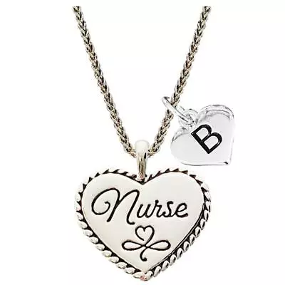 Custom Nurse Silver Heart Necklace Pendant RN LPN CNA Jewelry Choose Initial • $23.49