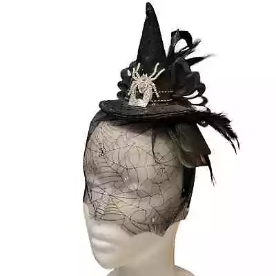 Witch Hat Headband Black Tulle Veil Feathers Rhinestones Spider Web Glitter Goth • $7.99