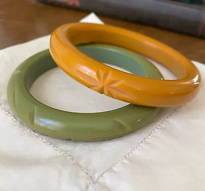 2 Vintage Bakelite Carved Bracelets Butterscotch Olive Green Bangles Pair Lot • $36