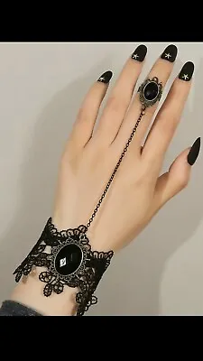 Black Bracelet Ring Goth Steampunk Adjustable Lace Jewellery Fashion Retro UK • £2.50