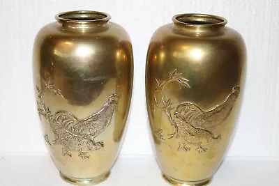 2 Vintage Japanese Brass Bronze Mixed Metals Rooster And Hen Vases (Pair) • $49