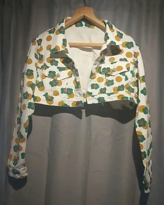 Vintage 90s Flower Power Print Cropped Jean Jacket Festivals Plus Sz20 • £15