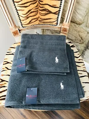 New Ralph Lauren Grey Bath Towel & Hand Towel With Polo Horse Logo • £55