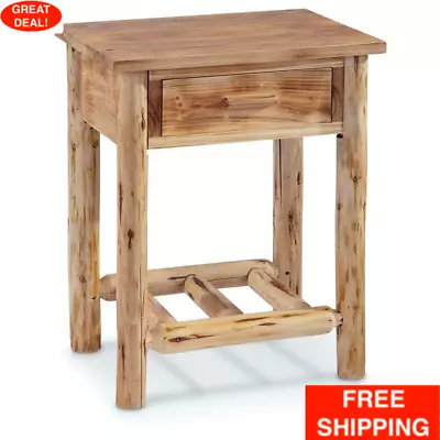 Wood Farmhouse End Table Rustic Cabin Side Drawer Log Nightstand Bedside • $213.99