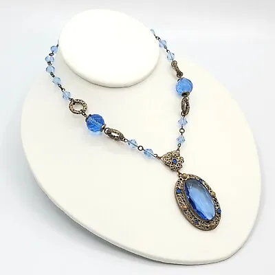 Antique Necklace Blue Czech Glass Crystal And Cabochons Y-Drop Jewelry Gorgeous • $199.99