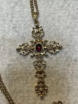 Vintage AVON Abbey Cross GoldTone Ruby Red Cabochon Pendant Necklace  24” • $21.49