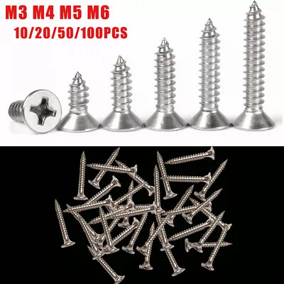 10/50/100PCS 304 Stainless Phillips Countersunk Head Tapping Screws Wood Screws • $13.39