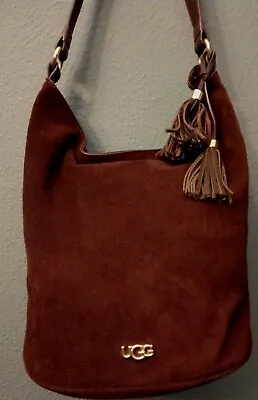 Rare Ugg Brown Round Suede Leather Hobo Bucket Bag Tassle Purse Shoulder Handbag • $37.95