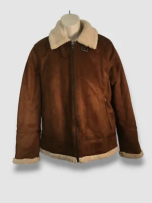 $296 Calvin Klein Men's Brown Faux Shearling B-3 Bomber Jacket Coat Size M • $82.78