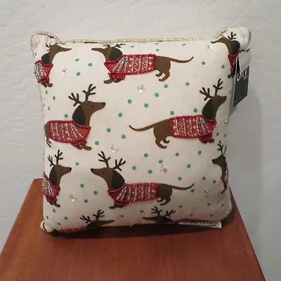 Dachshund Christmas Holiday Toss Throw Pillow Antlers Beaded Sweater - NWT • $29.99