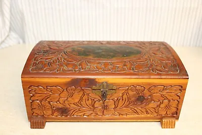 VTG Carved Cedar Wood Jewelry Trinket Box W/Mirrored Lid & Country Scene On Top • $12.99