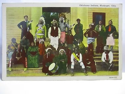 Wwii Postcard    Oklahoma Indians Muskogee Okla   Pose Traditional Dress Drum • $1.04