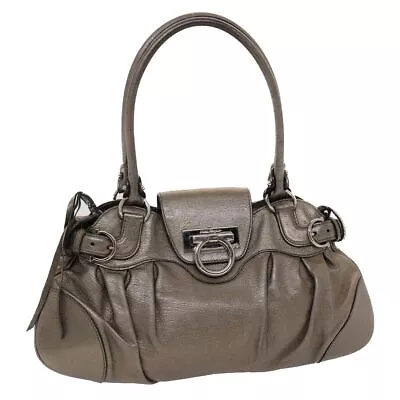 Salvatore Ferragamo Gancini Hand Bag Leather Silver AU21 6317 Auth 47389 • $190.93