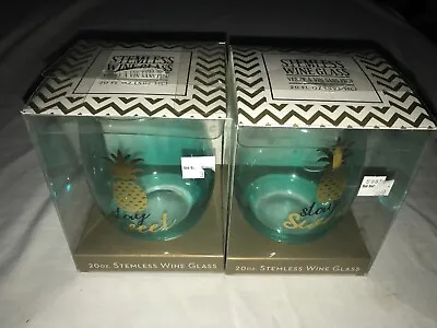 2 New PMI Green Tint STAY SWEET Gold PINEAPPLE 20oz Stemless WINE GLASS 5  Tall • $27.50