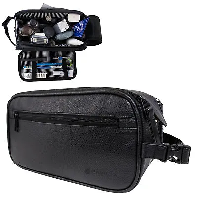 Mens Toiletry Bag With Zipper PU Leather Case Organizer Portable Travel Dopp Kit • $22.99