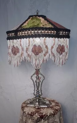 Antique Riddle Co. Design Table Lamp With Antique Handmade Shade Beaded Fringes • $350