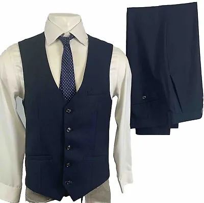 CAVANI SET WAISTCOAT 40 REGULAR BLUE TROUSERS 34 W 28 L Flat Front Formal • £29.98