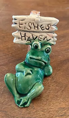 Vintage Ceramic Figurine Green FROG Laying Next To  Fishes Haven  Sign 5  • $4