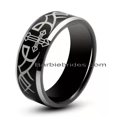 Men's 8mm Tungsten Black Etched Cross Tribal Pattern Comfort-Fit Wedding Band • $15.95