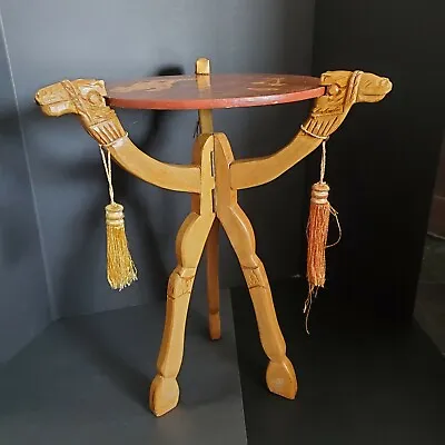 Vintage Hand Carved Wood Tripod  Folding Table Camels Inlaid Top Boho Mid East • $119.99