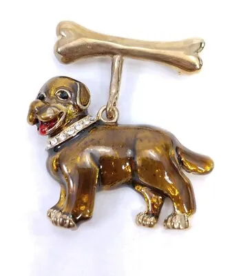 W) Vintage Enamel RHINESTONE Collar DOG BONE Lab LABRADOR Retriever BROOCH PIN • £9.64