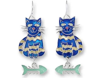 Calypso Cat Earrings With Dangling Fish  Zarah Hand Painted Silver Plated • $24.99