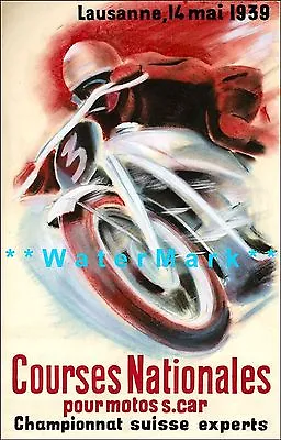 Motorcycle Racing 1939 Course Nationales Switzerland Vintage Poster Print • $21.58