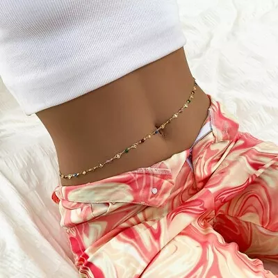 Gold Bikini Belly Body Waist Link Festival Rhinestone Chain Necklace Jewelry • £4.89