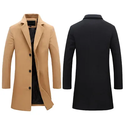 Men Autumn Wool Like Pea Coat Notch Lapel Long Jacket Woolly Peacoat Pocket Warm • $47.99