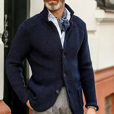 Mens Casual Stand Collar Cardigan Jacket Solid Color Autumn Knit Sweater Coats • $38.99