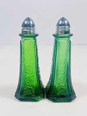 Mayfair Open Rose Green Glass Salt And Pepper Shakers 4.5  Tall  VTG • $16.75