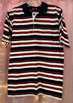 E5754 Vintage 90s MENS Retro Red Blue Striped Polo Shirt Streetwear Golf MEDIUM • $18