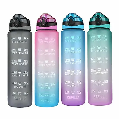 $13.99 • Buy 1L Water Bottle Motivational Drink Flask With Time Markings BPA Free Sport Gym