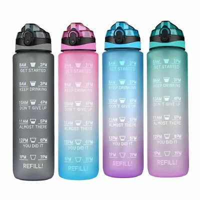 1L Water Bottle Motivational Drink Flask With Time Markings BPA Free Sport Gym • $15.29