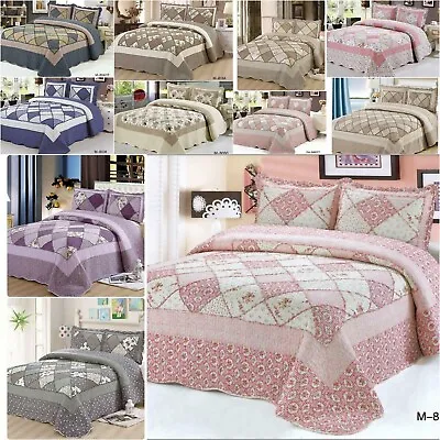 £30.90 • Buy Printed Patchwork Bedspread 3 Piece Quilted Vintage Set Size 220X240 And 230X250