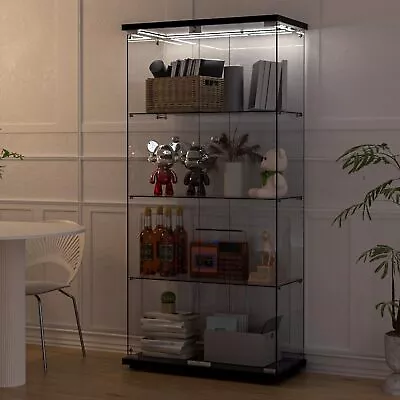 Glass Display Cabinet 4-Shelf 2 Door W/Ceiling Light Curio Trophy Vintage Case • $289.99