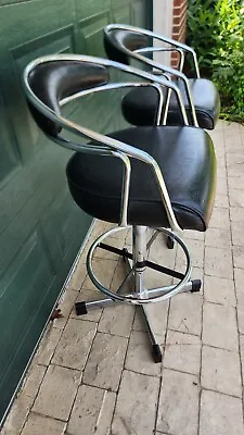 2 Vintage Mid Century Modern Chrome Black Swivel Adjustable Samsonite Bar Stools • $795