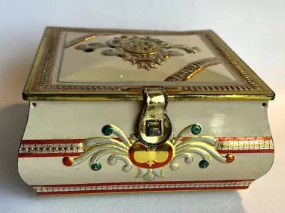 Vintage Embossed Colorful Gold Accent Treasure Chest Tin Lock Box W/Latch • $27.99