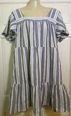 Beach Lunch Lounge Dress Womens XL Blue Stripe Linen Blend Flutter Sleeve • $26