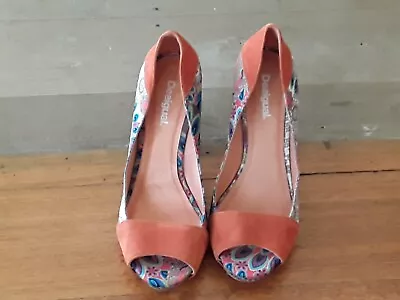 DESIGUAL Women Sz 39 Shoes Peep Toe Suede Cork High Heel Orange Peacock Elegant • $71.10