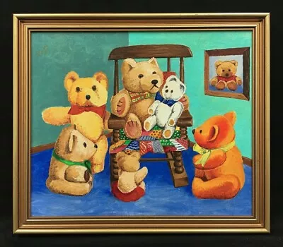 20th Century English School Oil On Board Painting Of Teddy Bears. Signed. • £12