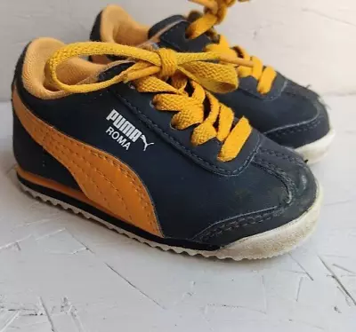 Puma Roma Basic Baby Boys Kids 5 Blue Yellow Tie Shoes Play Condition • £7.88